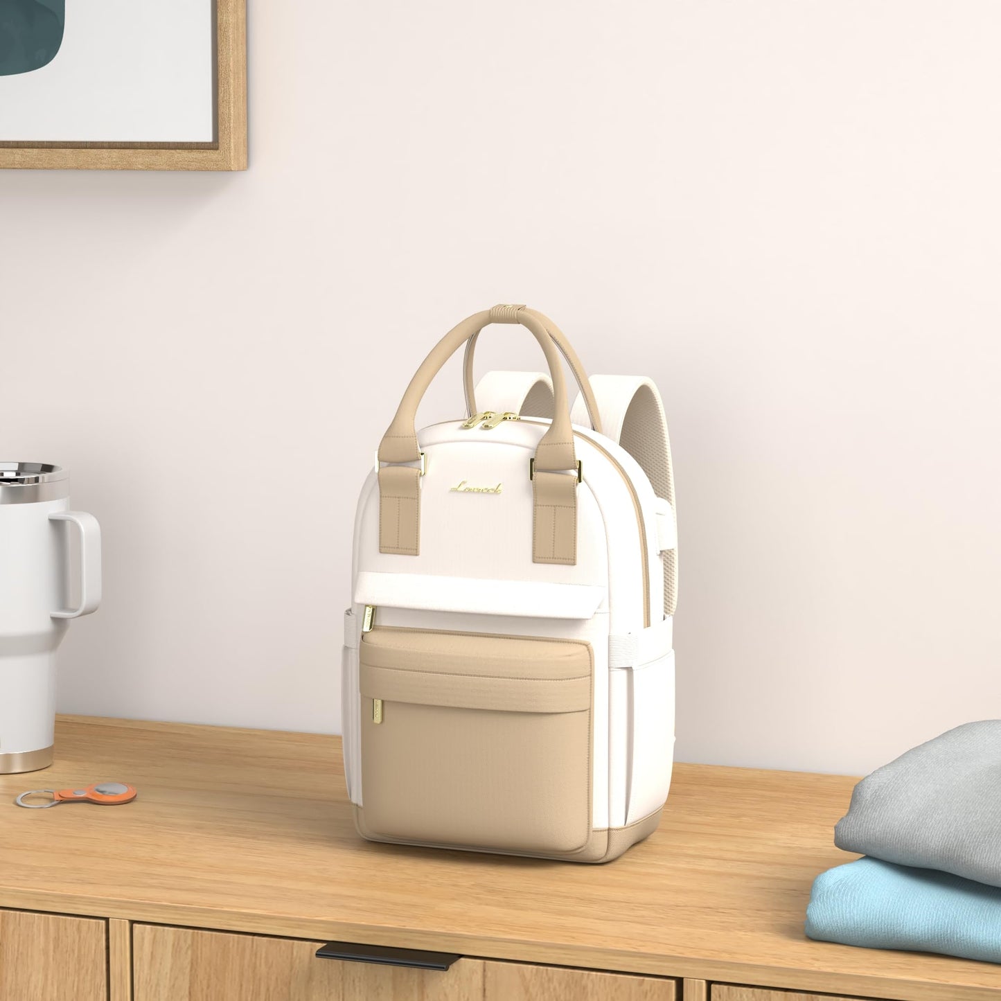 LOVEVOOK Rucksack Damen Klein, Wasserdicht Cityrucksack Handtasche 2 in 1 mit USB Ladeanschluss, Mini Tasche Daypack Backpack Women Elegant für Freizeit Schule Reisen Arbeit, Khaki Beige