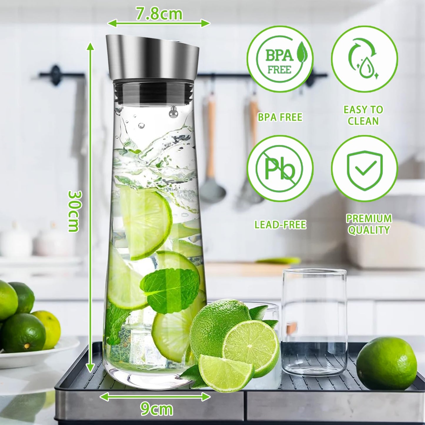 POWZOO Glas-Karaffe,Wasserkaraffe Glas (1.5 Liter),Glaskaraffe mit Deckel Edelstahl und Ausgießer, Saft Getränkekaraffe,Karaffe aus Glas für hausgemachte,Getränke/Eistee/Milch/Kaffee/Wein