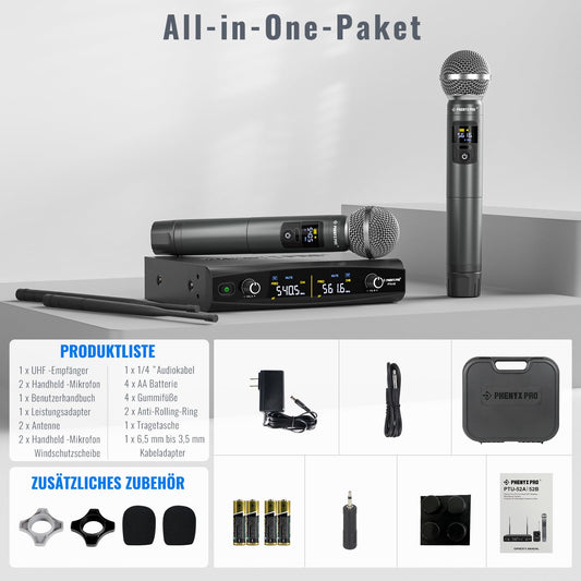 Phenyx Pro Mikrofon Drahtloses Mikrofonsystem mit Koffer, kabelloses Handmikrofon-Set für Gesang, Karaoke, Kirche, 2x30 UHF einstellbare Frequenzen, 200ft Reichweite (PTU-52)