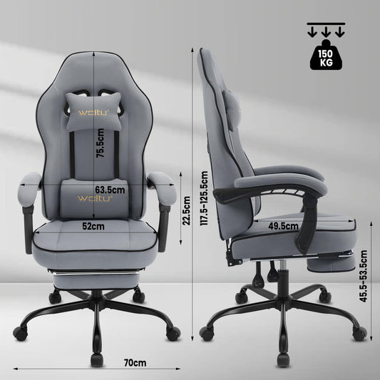WOLTU Gaming Stuhl mit Taschenfederkissen, Gaming Sessel 150 kg Belastbarkeit, ergonomischer Drehstuhl, Gamer Stuhl mit Kopfkissen, Lendenkissen, Fußstütze, Netzstoff, Grau,GS11gr