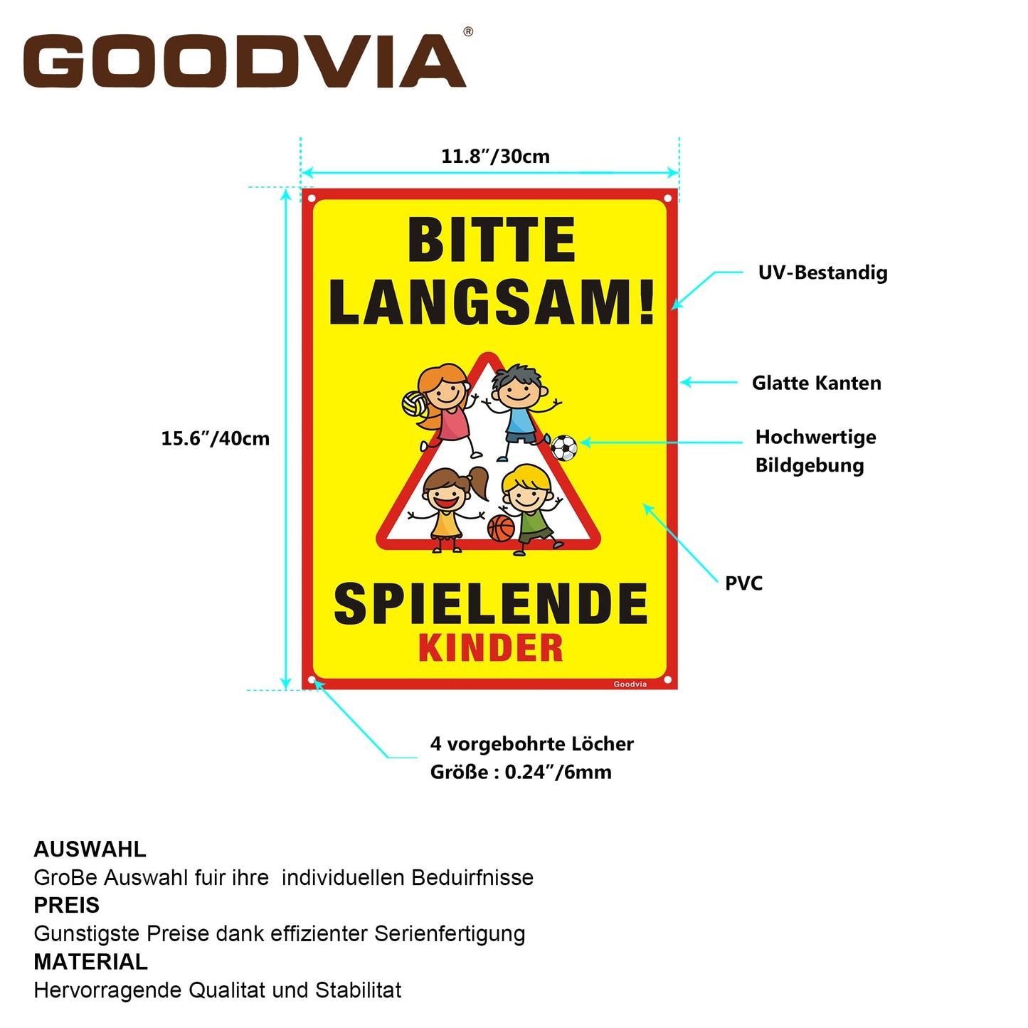 Goodvia XXL Schild Spielende Kinder 40 x 30 cm Kunststoff Schild Bitte Langsam Fahren Schild Groß Warnschild mit UV Schutz für Außenbereich Innenbereich