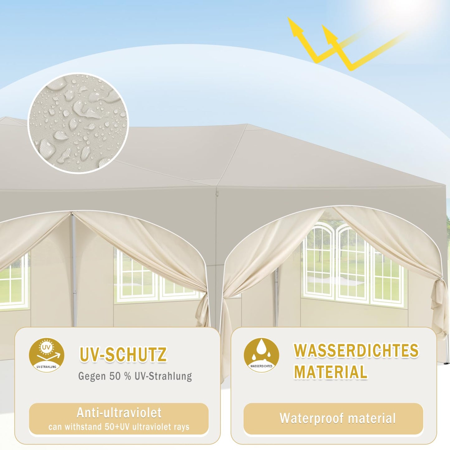 WOLTU Pavillon, Faltpavillon 3x6 m, mit 6 Seitenwänden, Partyzelt wasserabweisend UV-Schutz 50+, höhenverstellbarer Gartenpavillon, mit Tragetasche, für Outdoor Garten Camping Beige