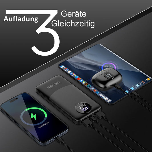 Power Bank 10000mAh, 22.5W PD QC 3.0 Schnelles Aufladen Powerbank USB C Ausgang&Eingang, Externer Akku stark mit 3 Anschlüsse und LED Anzeige, Tragbares Ladegerät für Harmony, iOS, Android (Schwarz)