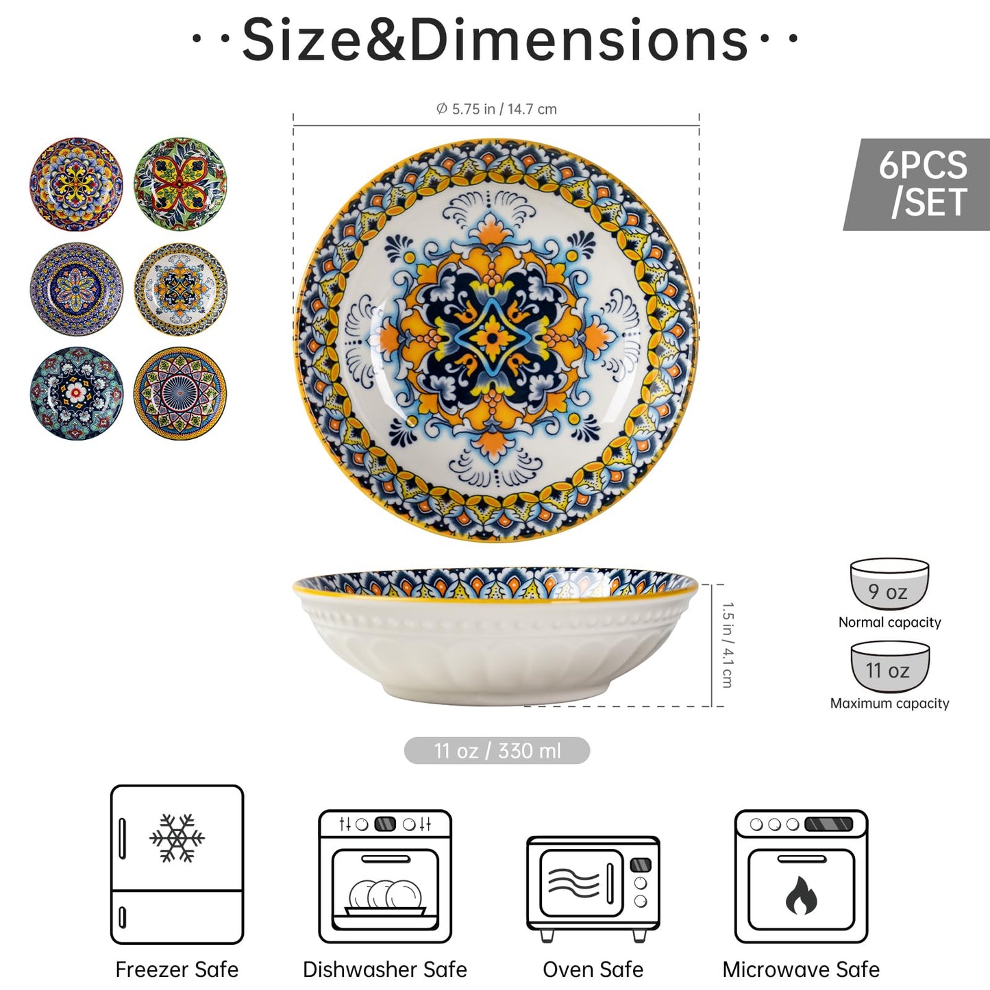 HENXFEN LEAD Snackschalen Keramik, 14cm Tapas Schalen Set Dipschalen Porzellan für Sauce, Soja, Sushi, Snack. Bunte, 6er Pack - Bohemian Style