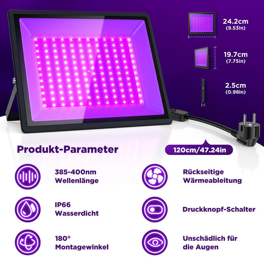 AffyBulb 150W LED Schwarzlicht, Schwarzlichtlampe, Schwarzlicht Strahler, UV Flutlicht für Weihnachten, Halloween, Neon Glühparty, Körperbemalung, UV Harzaushärtungslicht, IP66 Wasserdicht (2 Stück)
