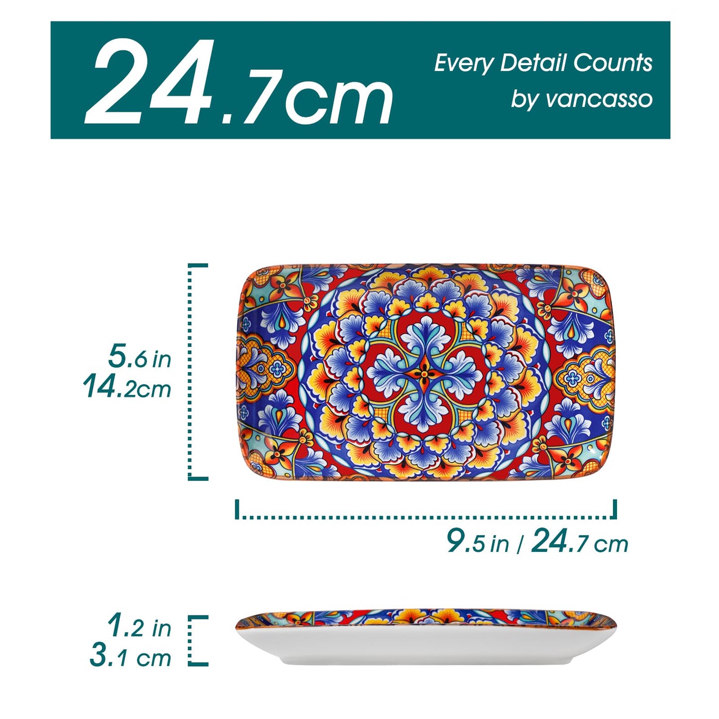 vancasso Servierplatten Porzellan, SIMI Rechteckige Teller Set, 6 teiligs Böhmischer Speiseteller, Dessertteller 6 Personen 24,7 x14,2 x H 3,1cm