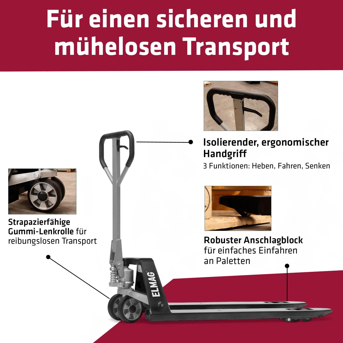 Elmag Handhubwagen HW 2500 – Hubwagen mit 2500 kg Tragkraft, 1150 mm Gabellänge, 540 mm Gabelbreite – Palettenwagen mit Gummirädern & Polyurethan-Tandemrollen – Gabelhubwagen für mühelosen Transport