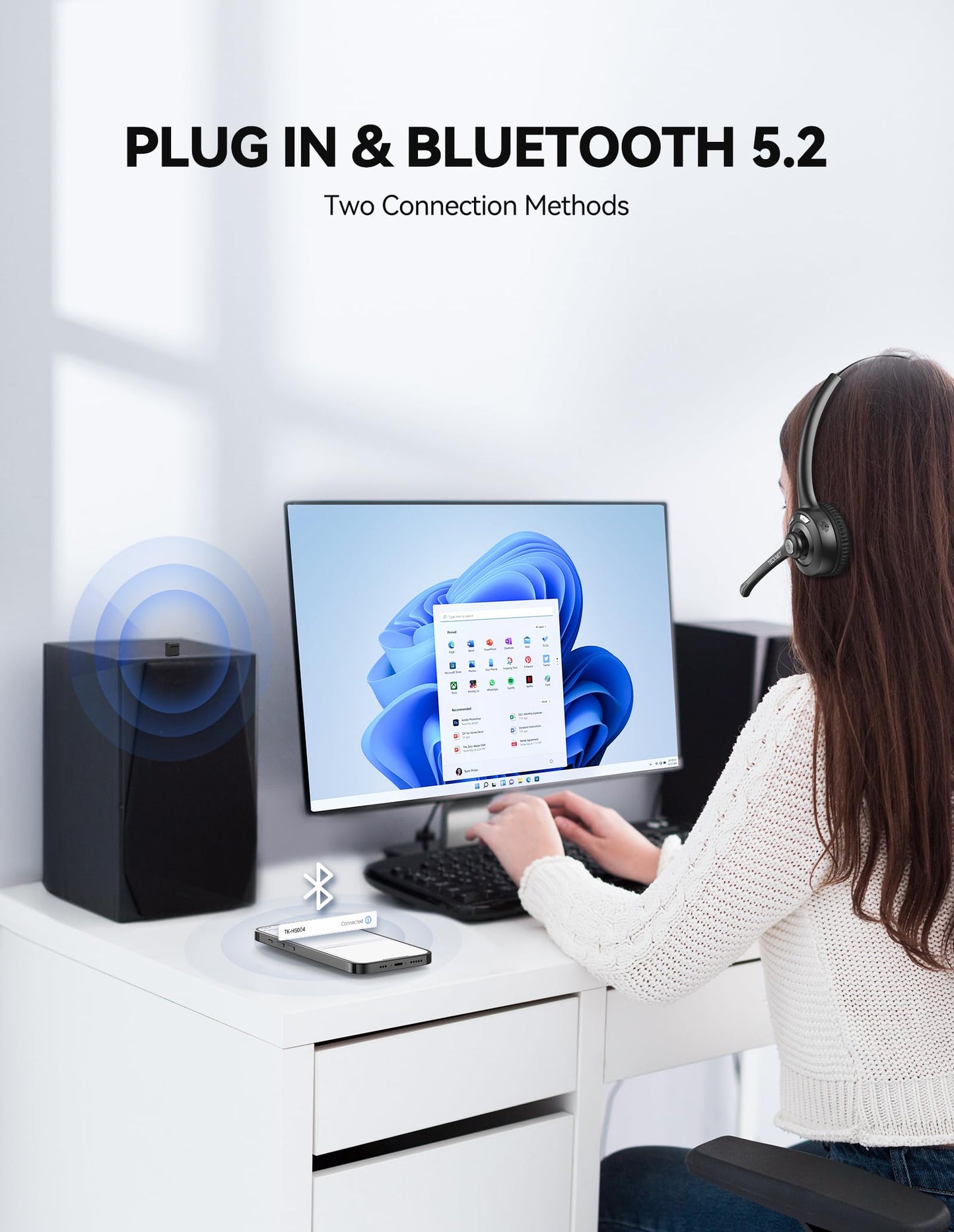 TECKNET Bluetooth Headset mit Mikrofon & USB Dongle, kabelloses PC Headset, Rauschunterdrückung und Freisprechen Chat Headset für Computer, Callcenter, Telefonkonferenzen, Super Leicht, Ultra Komfort