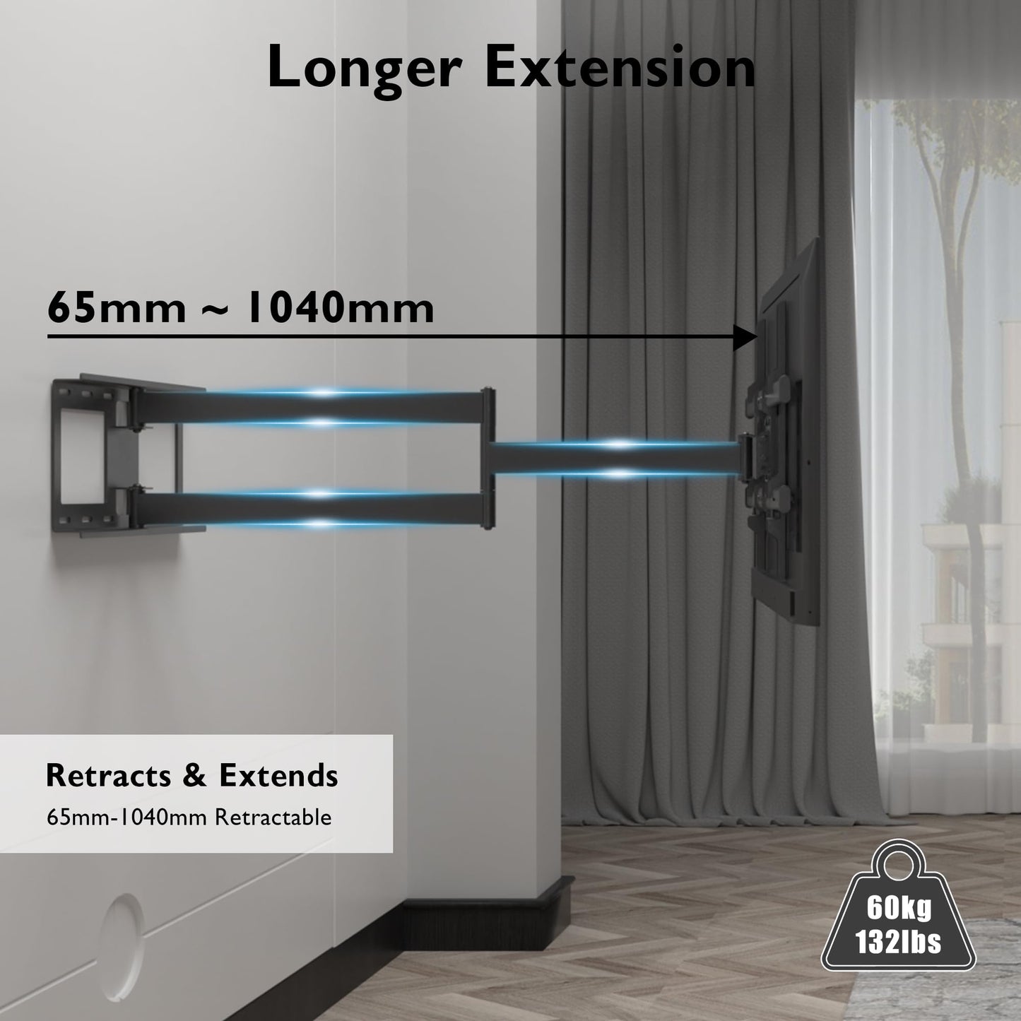 BONTEC TV Wandhalterung mit 1040 mm Extra Langem Gelenkarm für 32–75 Zoll Fernseher – Schwenkbar, Neigbar und Drehbar, bis 60 kg Tragkraft, Max. VESA 600x400 mm, Schwarz