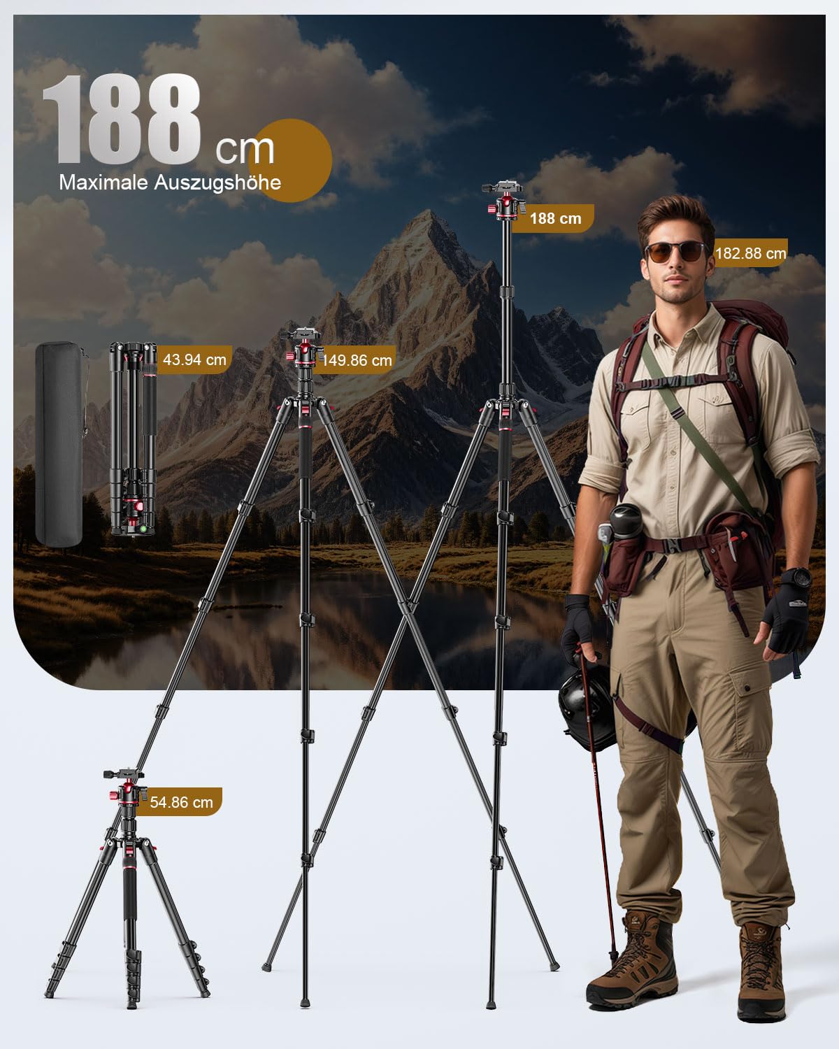 CAMBOFOTO 188cm Kamerastativ,Kugelkopf, Aluminium, kompatibel mit Canon, Nikon, DSLR/SLR-Stativ und Einbeinstativ mit Tragetasche, (Gewicht 1,4 kg, 6 kg Tragkraft)