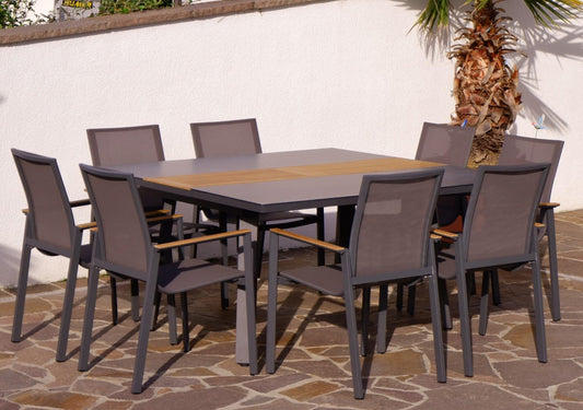 ALEOS. Gartengarnitur Gartenset Aluminium Teak Set mit quadratischem Ausziehtisch 150x110cm auf 150cm ausziehbar + 8 Stapelstühle anthrazit Trinidad