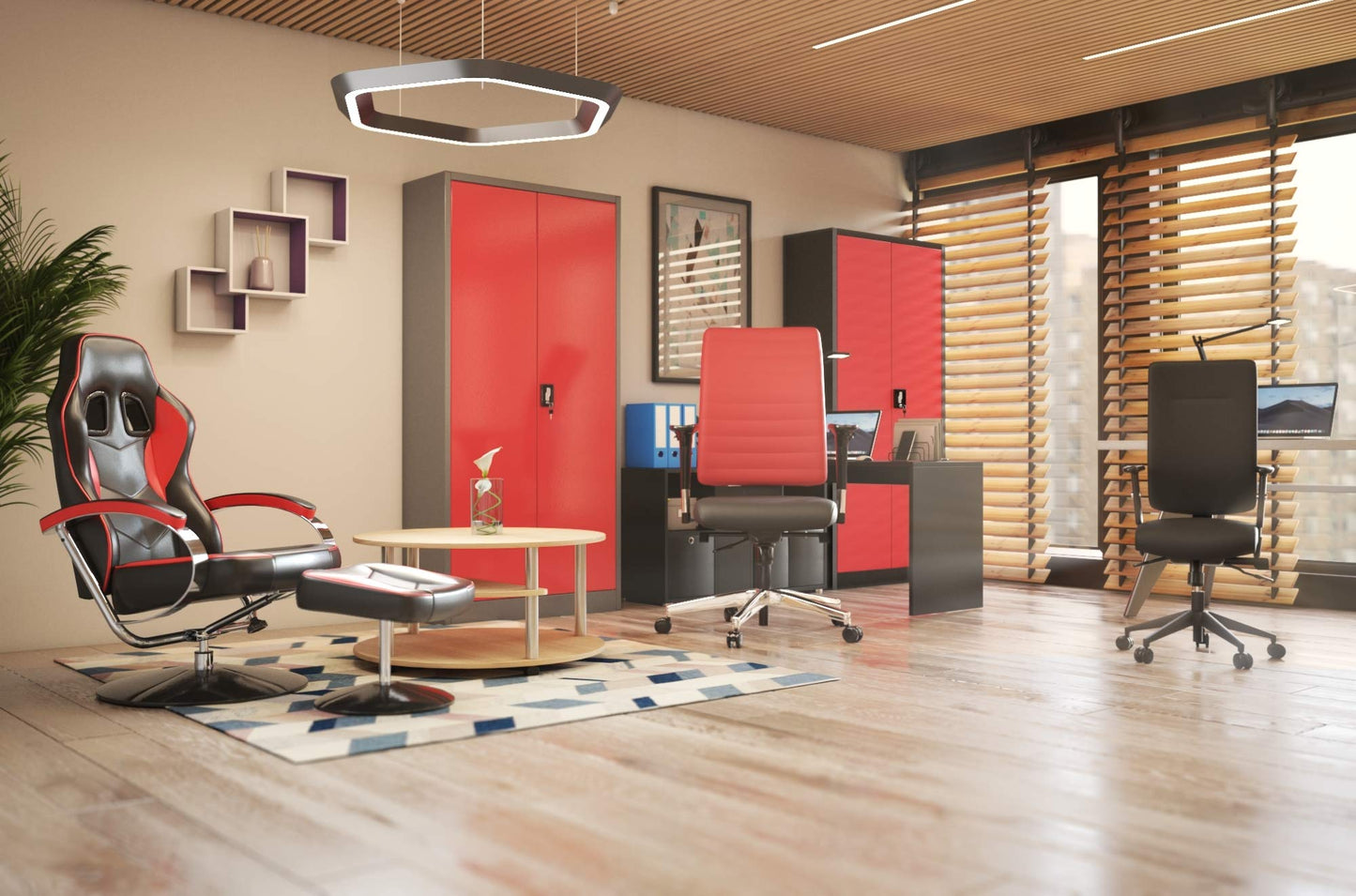 Jan Nowak Metallschrank Jan 185 x 90 x 40 cm – abschließbarer Metall Aktenschrank mit 2 Türen, 5 Ebenen, pulverbeschichtet, Anthrazit-Rot