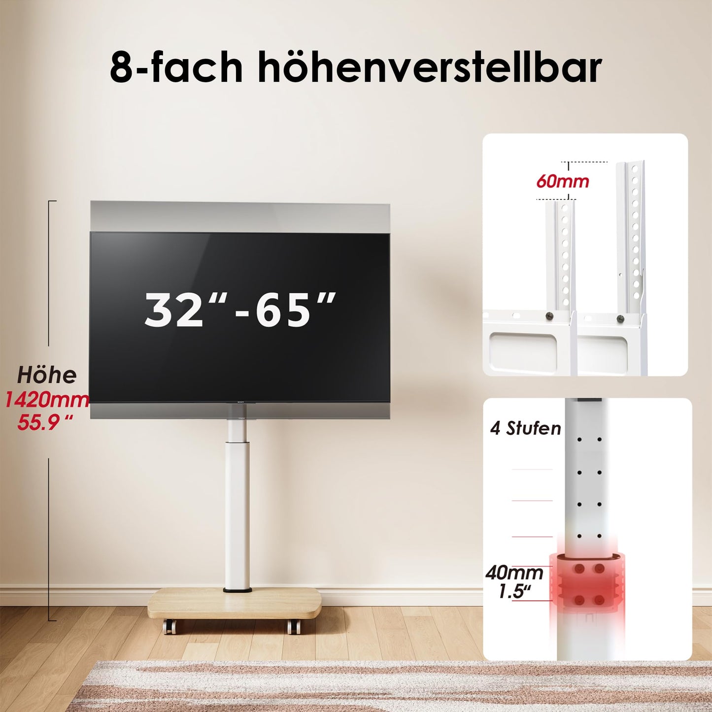 AOKCOS TV Ständer Rollbar mit Holzablage, Fernsehständer auf Rollen für 32-65 Zoll Fernseher, TV Bodenständer Höhenverstellbar Schwenkbar, bis 40 kg Max. VESA 400x400mm (Weiß+Natur)