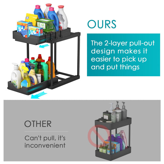 StowBin Küchen Organizer, 2 Pack Unter Waschbecken Regal mit 4 Haken, Spülschrank Organizer, Badezimmer Organizer, Schrank Organizer, Ordnungssystem für Küche
