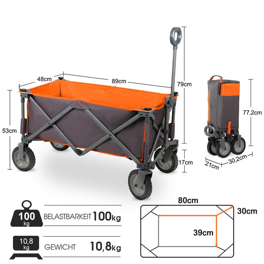 PORTAL Bollerwagen faltbar XXL Handwagen mit schnellspanerem Stoff Klappwagen Transportwagen tragbar Strandwagen Gartenwagen Faltwagen belastbar bis 100kg für Camping Garten Einkauf