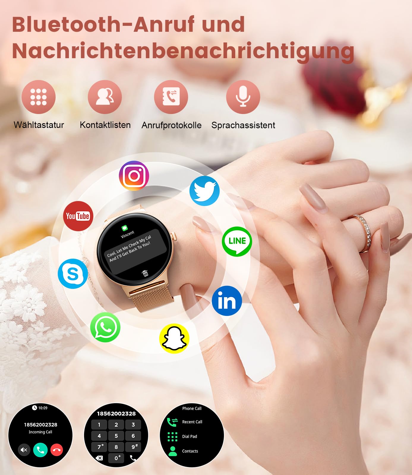 LIGE Damen Smart Watch Bluetooth Anrufe für Android iOS Smartwatch Damen 100+ Sport 1.43" AMOLED Always-on Display Damen Smartwatch Rosegold Netz Frauen Smartwatch Herzfrequenz Schlaf Monitor
