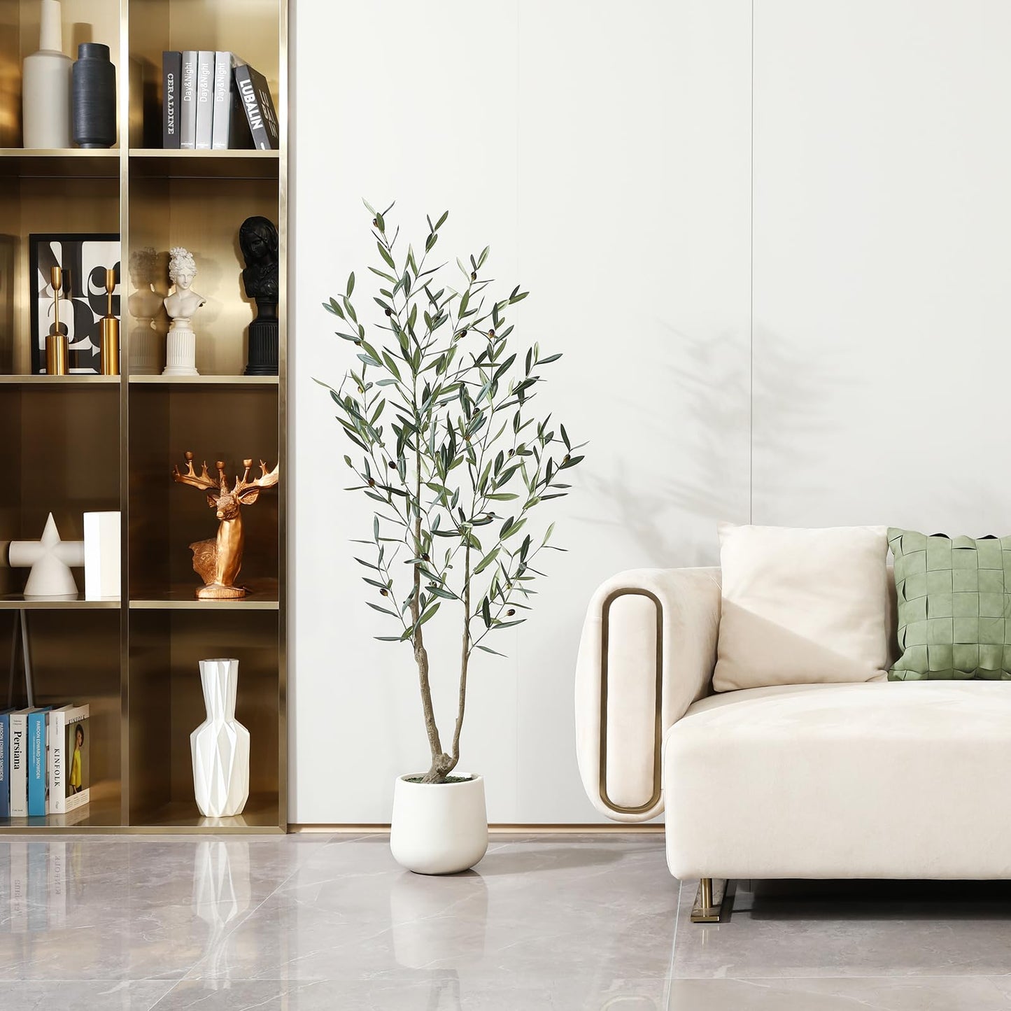 Kazeila Olivenbaum Künstlich 150cm Kunstpflanzen Groß im Weiß Topf,Künstliche Plastikpflanzen für Home Wohnzimmer Schlafzimmer Büro Deko(1Pack)