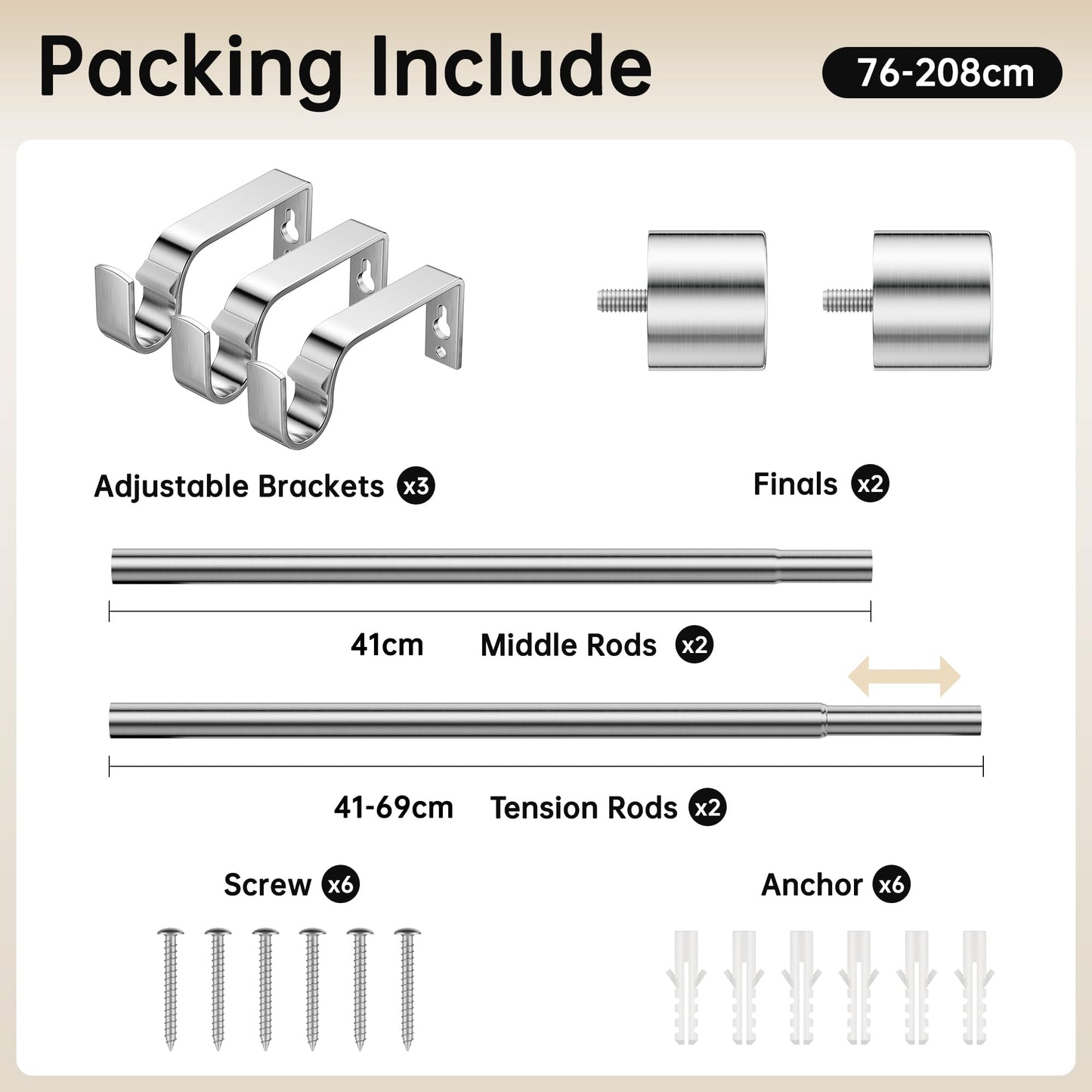 Ausziehbare Gardinenstangen 76-208cm, Dia 19mm Verstellbare Gardinenstange mit Kappenknäufen für Ösenvorhänge, Elegante Dekorative Vorhangstangen für Schlafzimmer