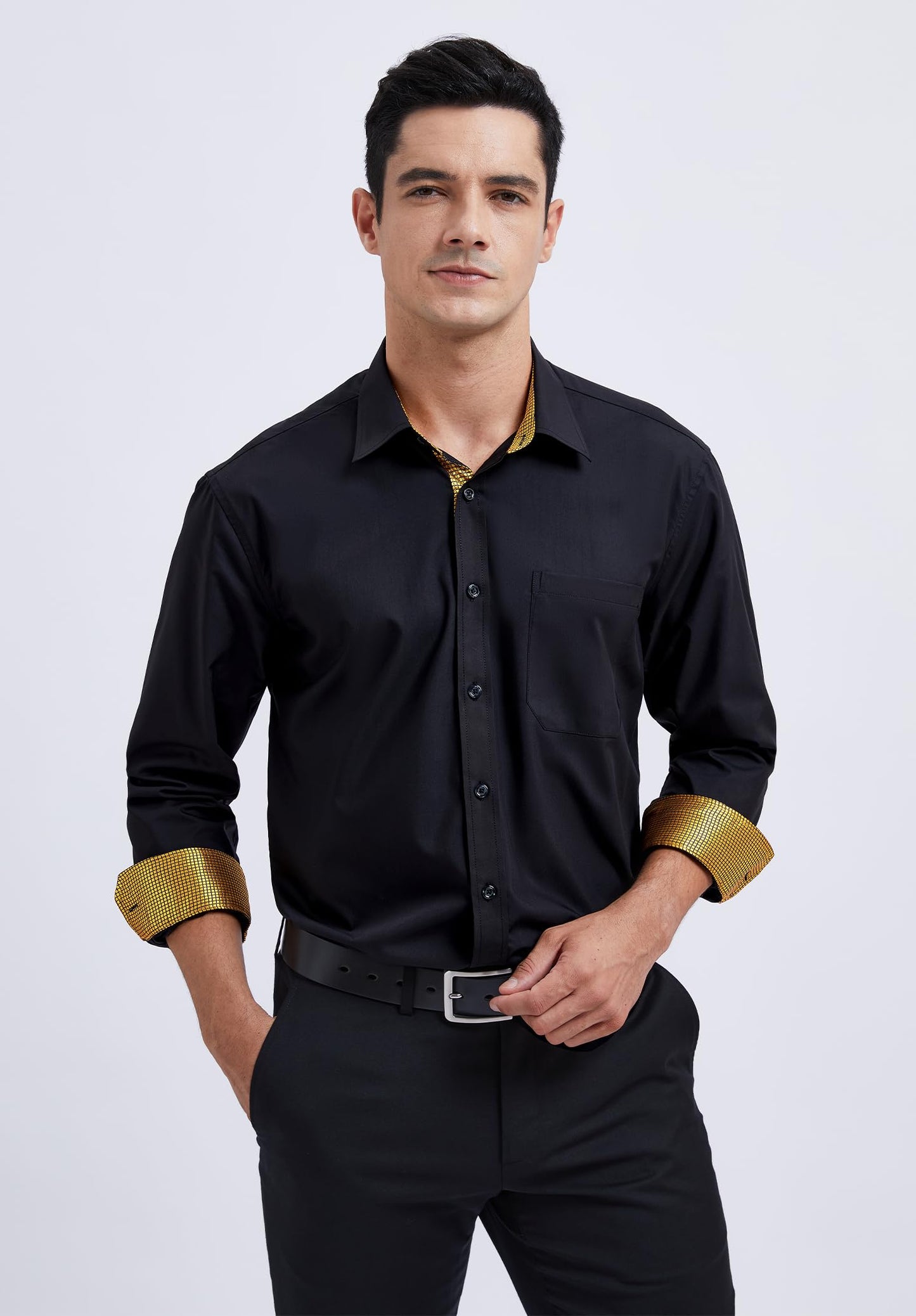 Schwarzes Gold Langarmhemd für Männer Fashion Classic Collar Button Down Casual Formal Party Prom Concert Hemd