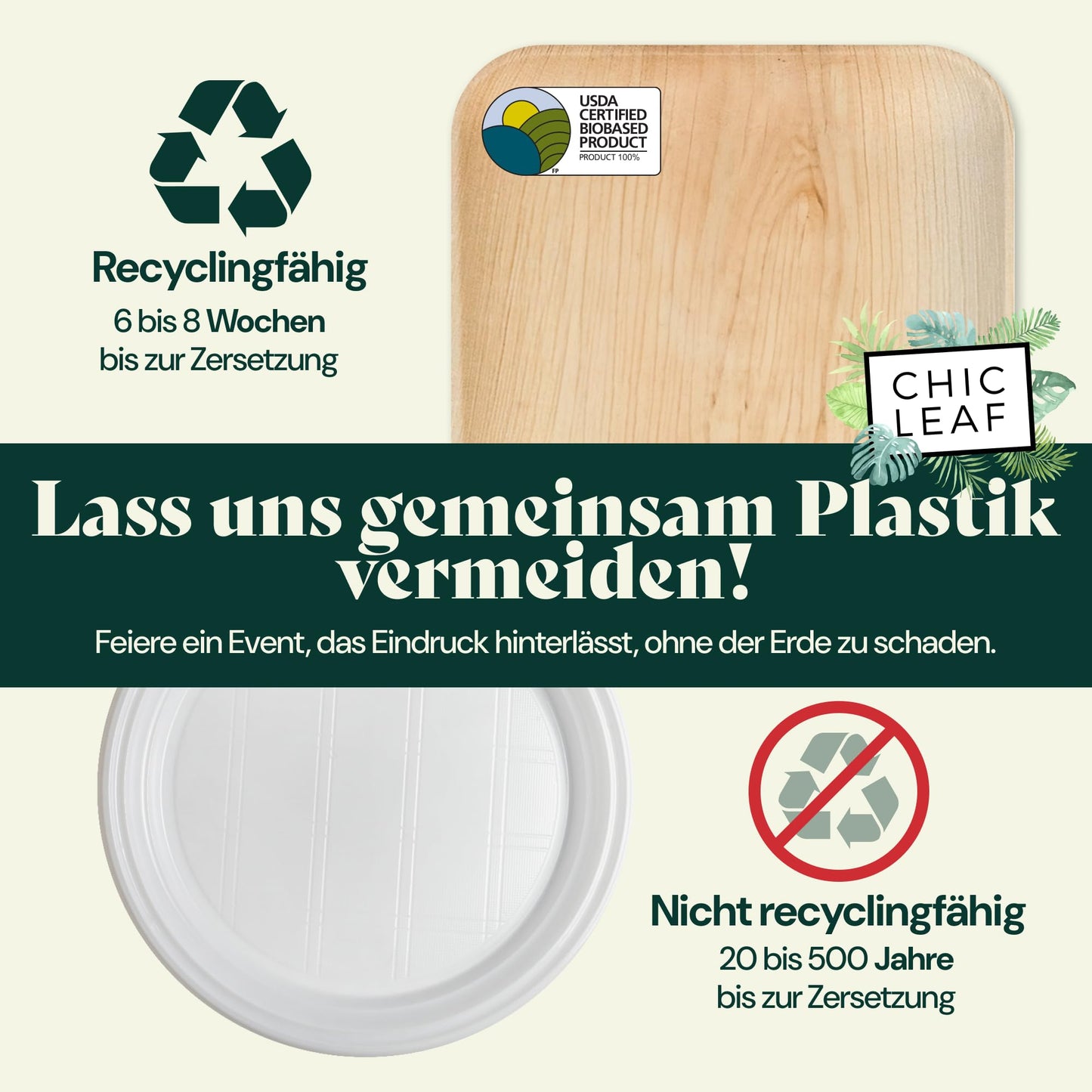 Chic Leaf Palmblatt Teller - 48 Stück Partyteller Set, Umweltfreundlich, Kompostierbar, Nachhaltig Einweggeschirr besser als Pappteller & Plastikteller, Eckig (25.5 & 18 cm)