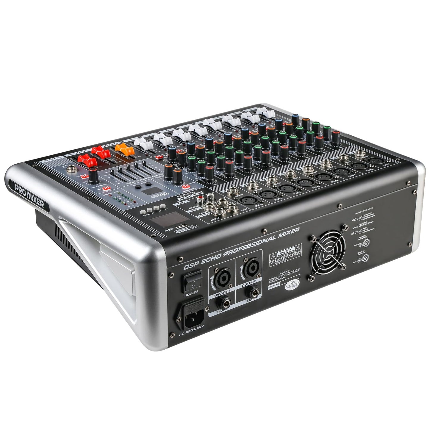 Powermixer Mischpult mit Verstärker, Audio Mixer 8 Kanal Soundcraft Mischpult, Dj Mischpult Profi Audio Interfac Streaming Musik Mixer Live Soundkarte, 2 * 300w Sound Board with 16 Kinds DSP Reverb