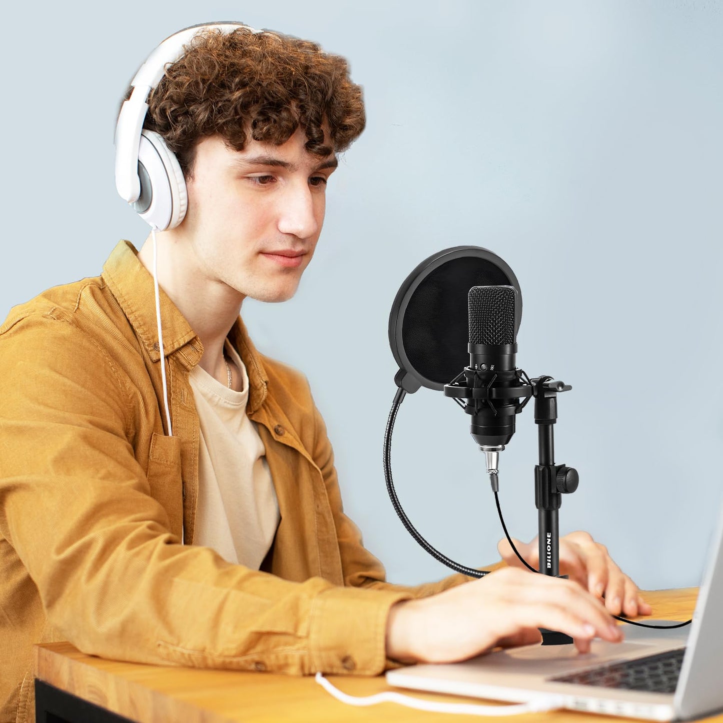 BILIONE Schreibtisch-Mikrofonständer Verbesserter, Verstellbarer Mikrofonständer mit Pop-Filter, Schockhalterung, Mikrofonclip, 1,6 cm auf 0,95 cm Metallschraubenadapter