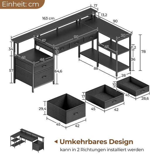Rolanstar Schreibtisch L Form mit Schubladen, reversibler Gaming Tisch mit Steckdose, LED & Monitorständer 163 cm Computertisch für Büro Arbeitszimmer Schlafzimmer
