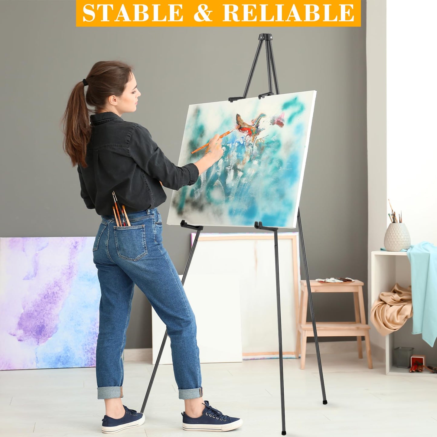 PUWOWYE Künstler Staffelei Stand, 160cm Verstellbares Stativ Tisch Kunst Leinwand Malerei Display, Easy Folding Studio Teleskop Boden Staffeleien für Hochzeit Poster Innen Außen, Schwarz