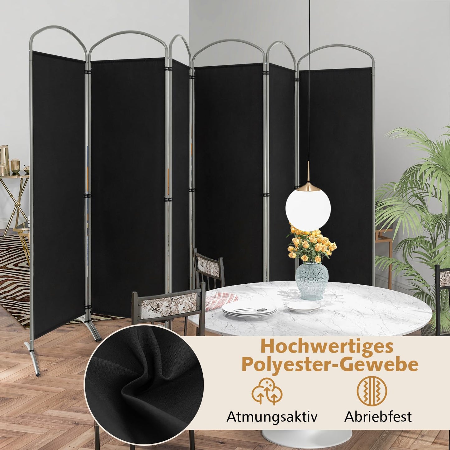 COSTWAY 331 x 188cm Raumteiler Trennwand, Paravent klappbar und abnehmbar, Sichtschutz 6 teilig, Room Divider Innen, aus Stoff, für mehr Privatsphäre und Flexibilität (Schwarz)
