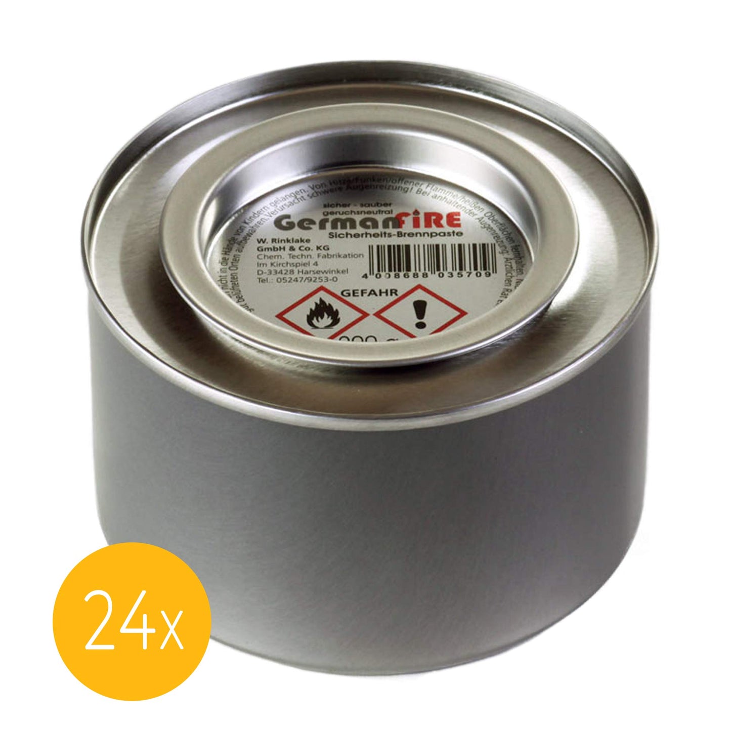 24 x GermanFire- Sicherheits-Brennpaste aus ungiftigem Ethanol, Dose 200 g Brenndauer 2,5 Std. pro Dose, Brenngel für Chafing Dish Speisewärmer Warmhaltebehälter Rechaud