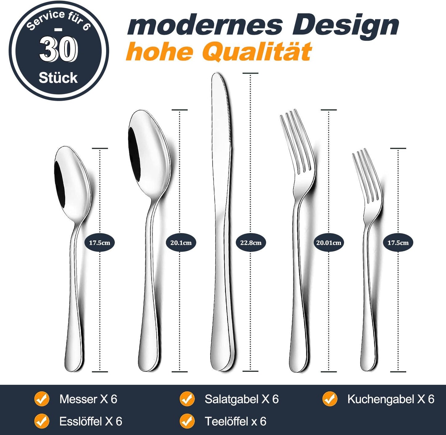 Terlulu Besteck Set, 30-teiliges Besteckset für 6 Personen mit Messer Gabel Löffel, Edelstahl Essbesteck für Familie/Party/Hotel/Restaurant, Spiegelpoliert & Spülmaschinenfest