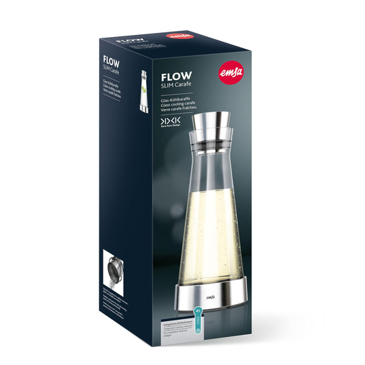 Emsa 514233 Flow Slim Glaskaraffe | mit Kühlelement, Glas | Elegantes Design | 1 Liter | Transparent, 11 x 11 x 38.2 cm