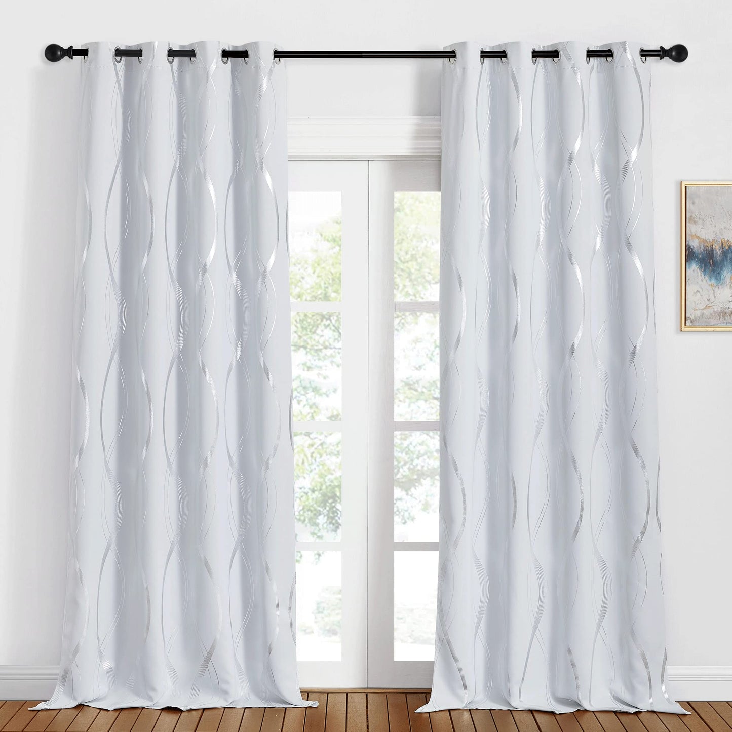 PONY DANCE Weißer Vorhang mit Linien-Foliendruck Gardinen Wohnzimmer Modern 2er Set H 245 x B 140 cm Verdunklungsvorhänge Ösen Thermogardine Wärmeisolierend, Grau-weiß