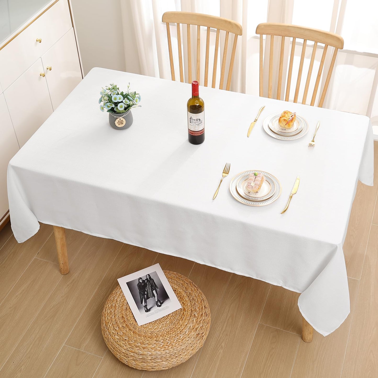 smiry Leinenoptik Tischdecke Abwaschbar Lotuseffekt Eckig 100 x 140 cm Tischtuch Leinendecke Wasserabweisend Tafeldecke Tischwäsche Fleckschutz, Weiß