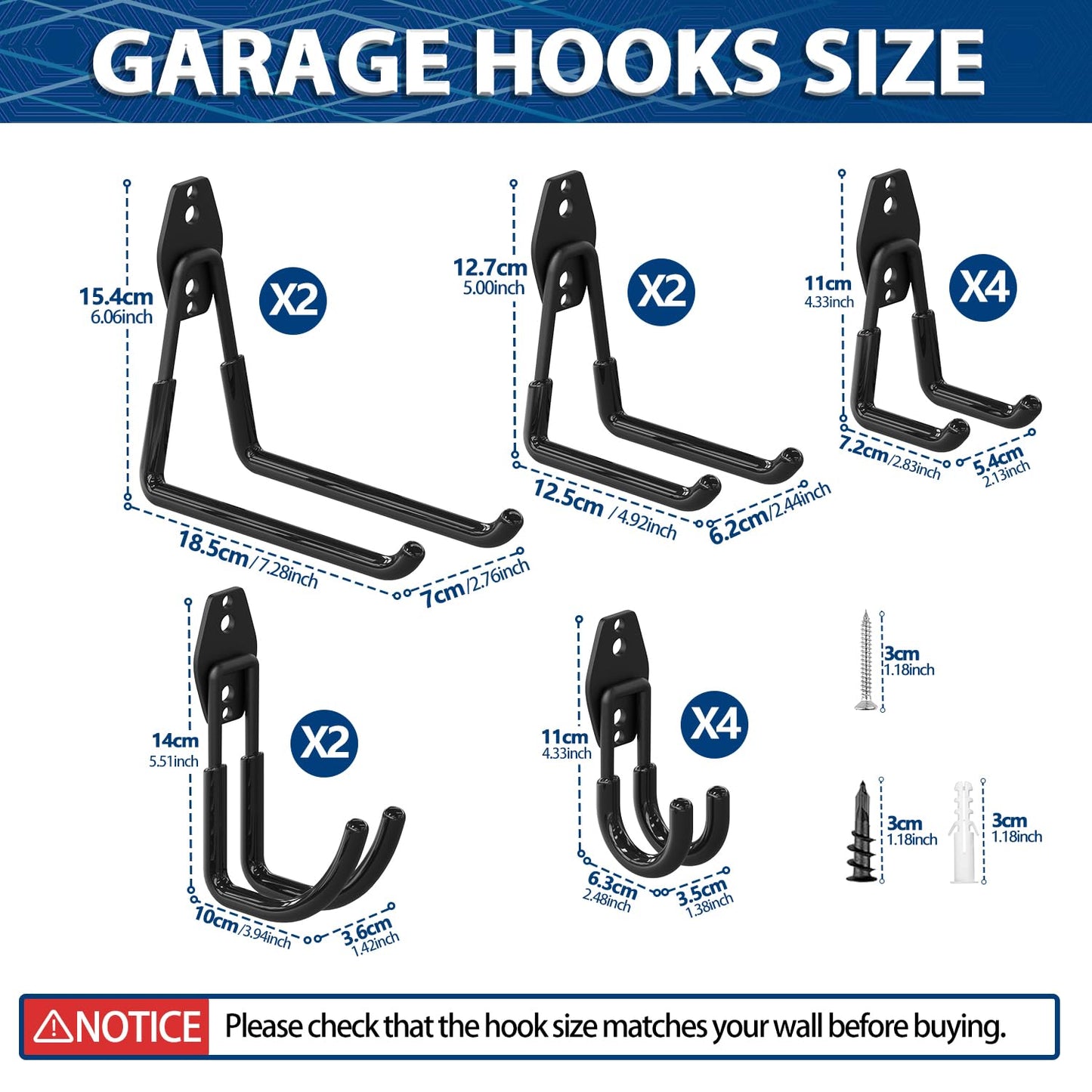 3-H 14 Stück Wandhaken Garage Haken Schwerlast Doppelhaken Multi Größe Garage Storage Hooks für Leiter Fahrrad Geräte Garten Schwarz
