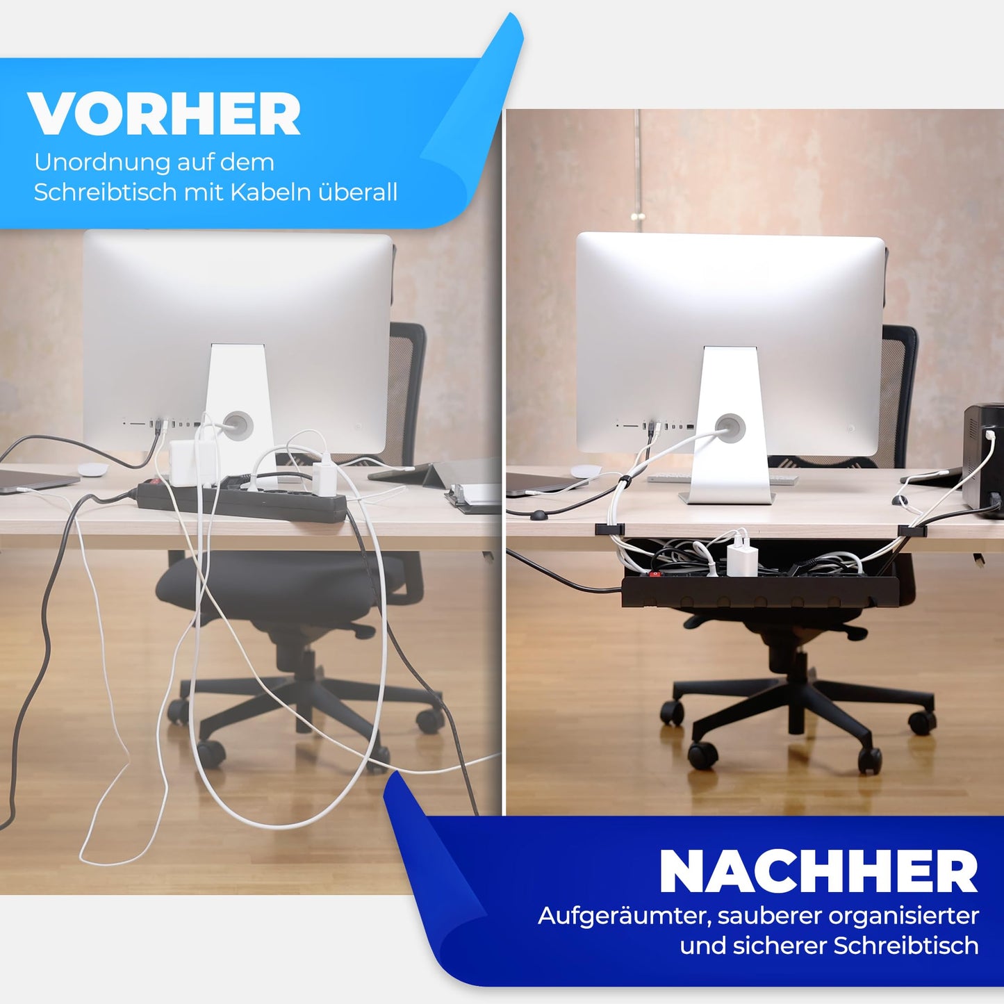 HOMEPROTEK 2er Set Schreibtisch Kabelkanal Schwarz für ordentlicher Kabelmanagement, Kabellwanne für Arbeitsplatz kabelorganisation, Home Office Cable Management Under Desk Cable Tray, Kabel Organizer