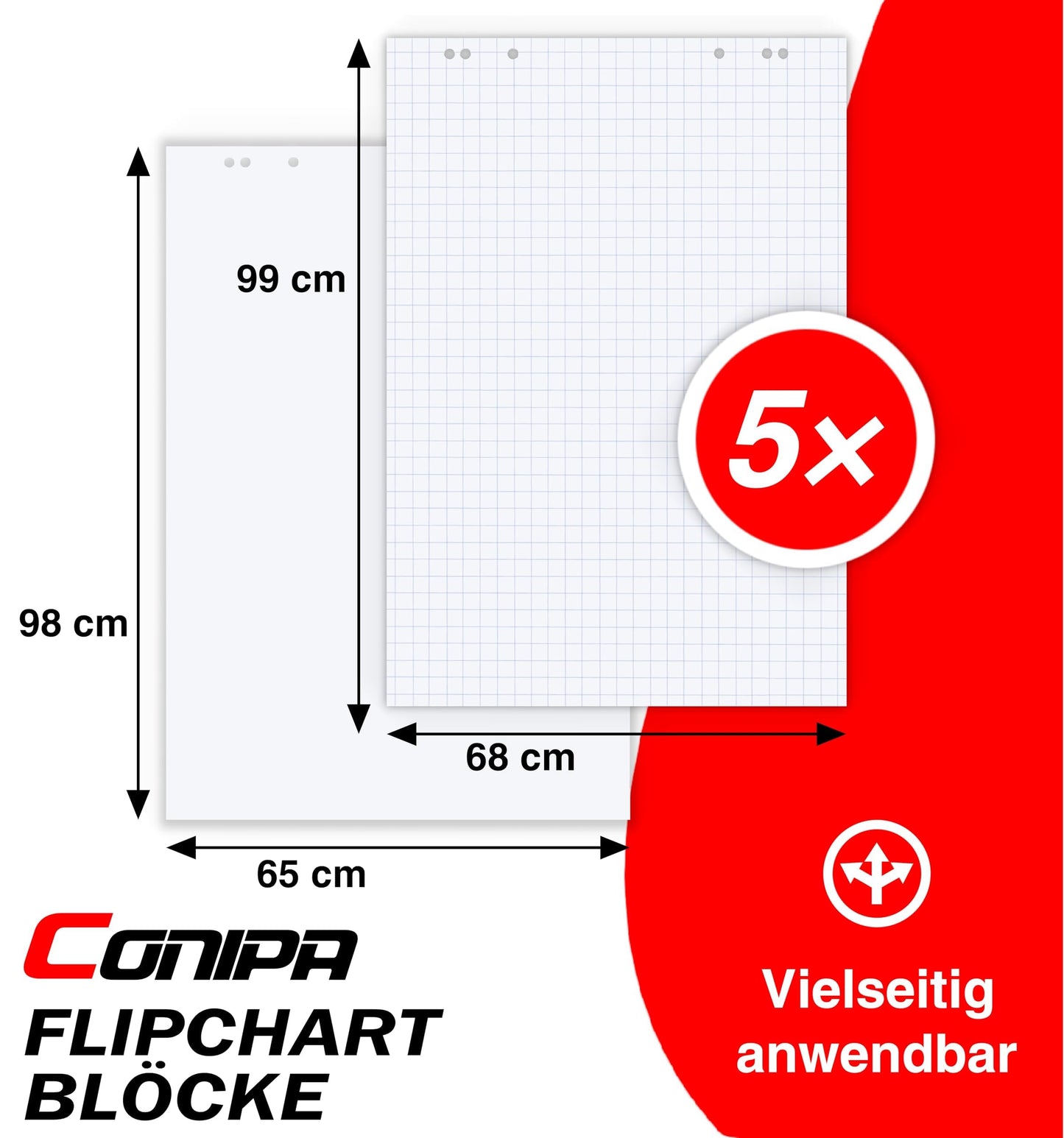 Conipa® - 5 x Flipchart Papier Block 68x99 cm weiß (BLANKO) 80 g/qm - 5 Flipchart-Blöcke à 20 Blatt - Whiteboard-Papier für Charts & Meetings (5 Blöcke Blanko)