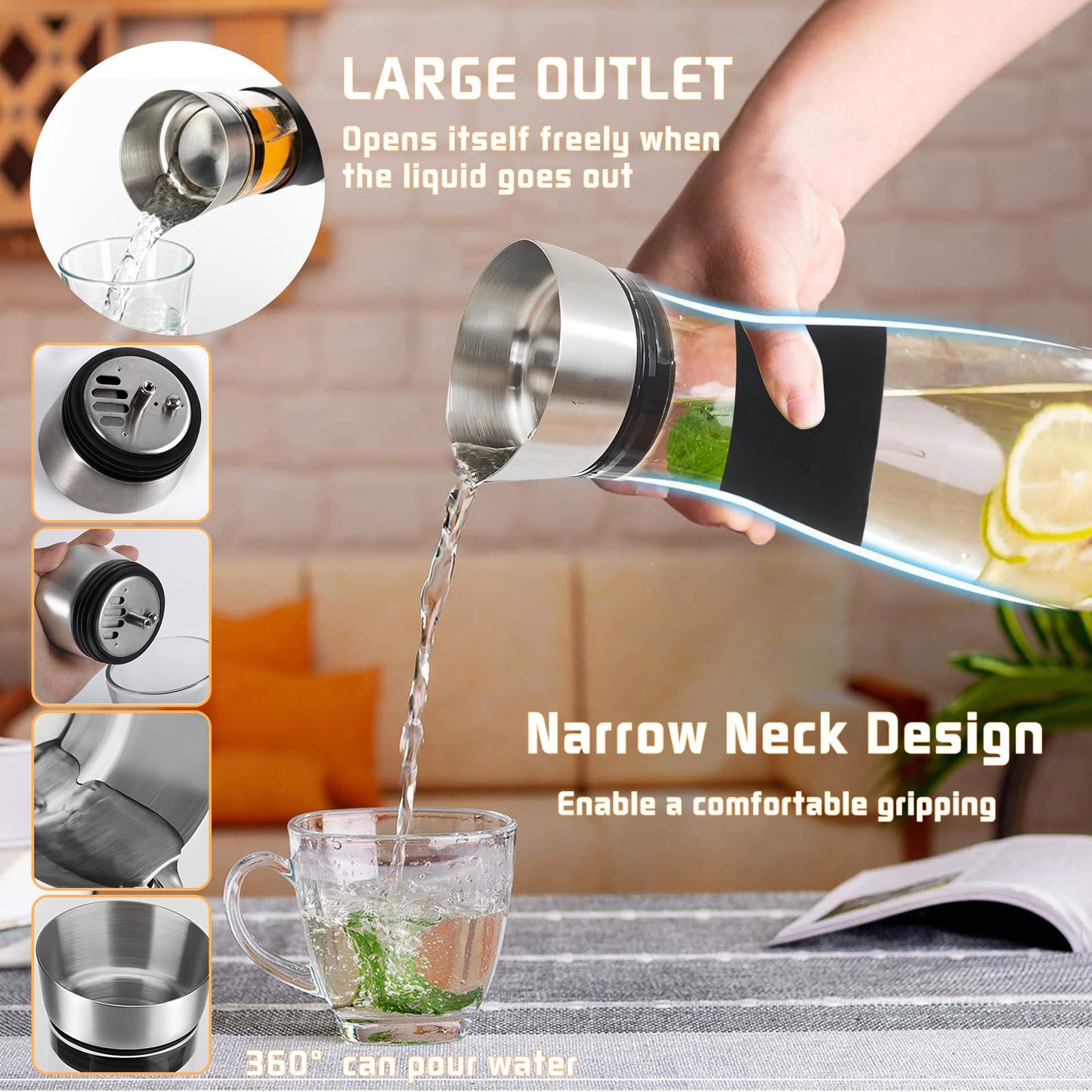 ZHHGOO Glas Karaffe,1.5 Liter Karaffe mit Deckel aus Edelstahl,Wasserkaraffe mit Fruchtspieß,Saft Krug,Glaskaraffe Benutzt für Eistee Heißes Kaltes Wasser Milch Kaffee Wein