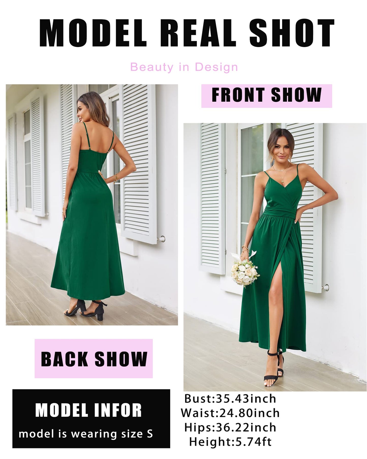 Newshows Sommerkleid Damen Lang Maxikleid Sommer V Ausschnitt Kleid Schlitz Freizeitkleid Elegant für Hochzeitsgast (Grün,Groß)