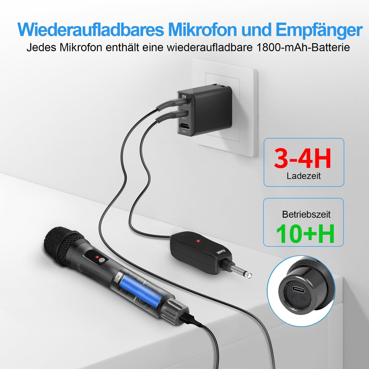 Aveek Karaoke Mikrofon Kabellos Set, 2.4GHz Drahtloses Handmikrofon,6,35/3,5 mm Mikrofonöffnung,Mit Aufladbarem Empfänger,Geeignet Für Karaoke-Maschinen, Hochzeiten, DJs, Partys