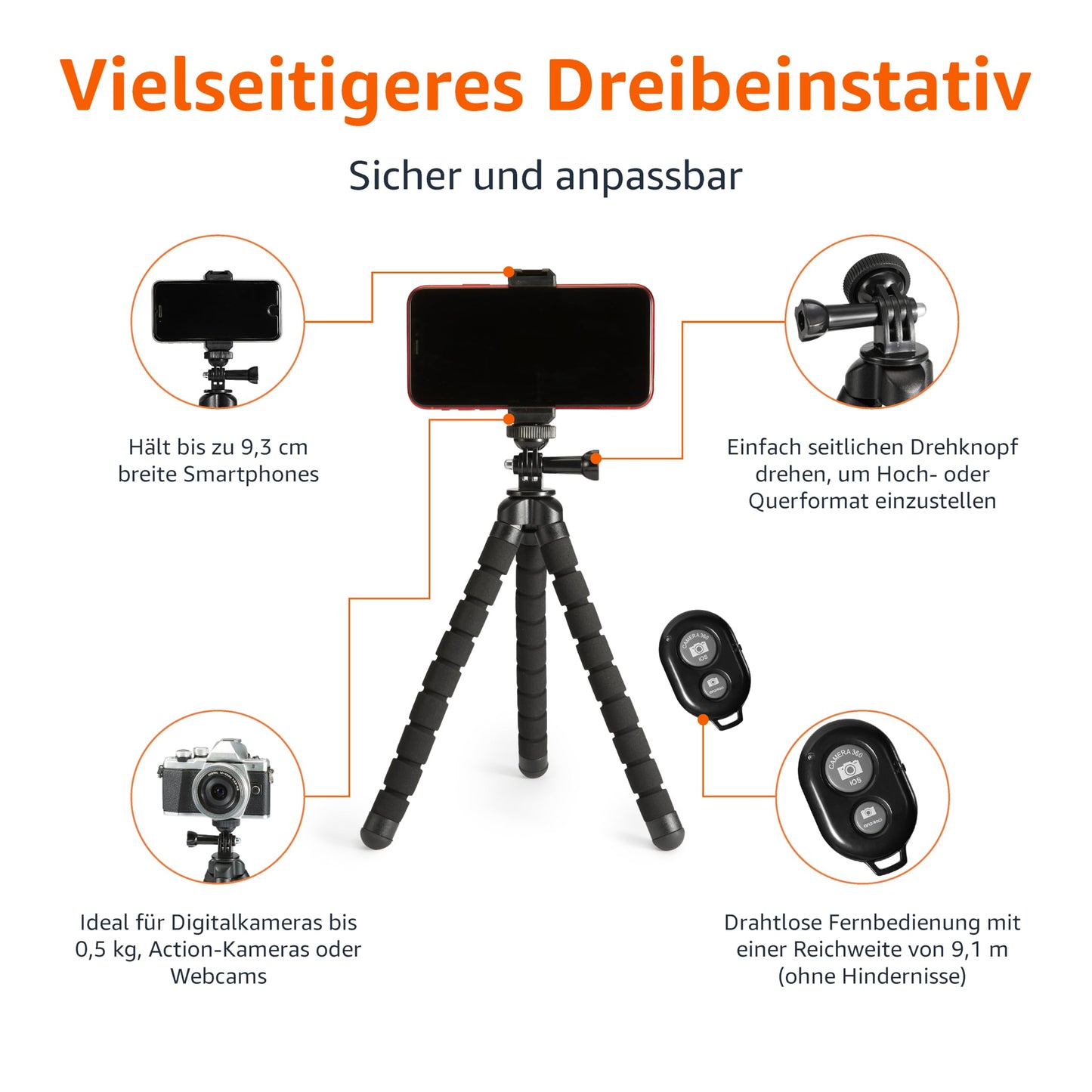 Amazon Basics Stativ, tragbar und flexibel, mit kabelloser Fernbedienung und Smartphone-Halterung, 25,4 cm lang, Schwarz