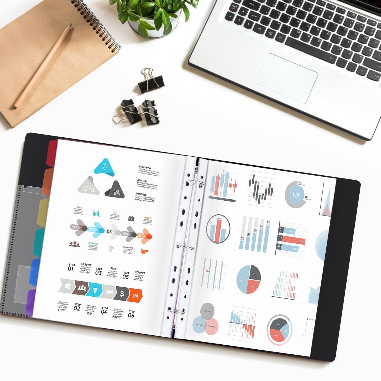 Uquelic Präsentationsbuch, Ringbücher mit 80 klarsichthüllen A4 glasklar (50 Mikron) und 6 bunten PP-Trennblättern, Ordner Organizer für Dokumente, Urkunden, Portfolio, Schwarz