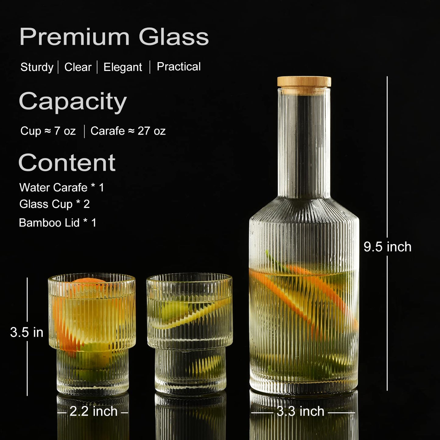 ALINK Glas-Nachttisch-Wasserkaraffe mit Deckel und Glaskaraffe Set, gerippte Karaffe Glaswaren Trinkgläser für Nachttisch, 765 ml, Vintage-Wasserkrug aus geriffeltem Glas – klar