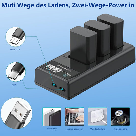 Homesuit NP-FW50 Akku 1300mAh und DREI Schlitze LCD Ladegerät Kit für Sony ZV-E10, Alpha A6000, A6500, A6300, A6400, A7II, A7RII, A7SII, A7S2, A7R, A7R2, A55, A5100, RX10 Kamera (3 Pack)