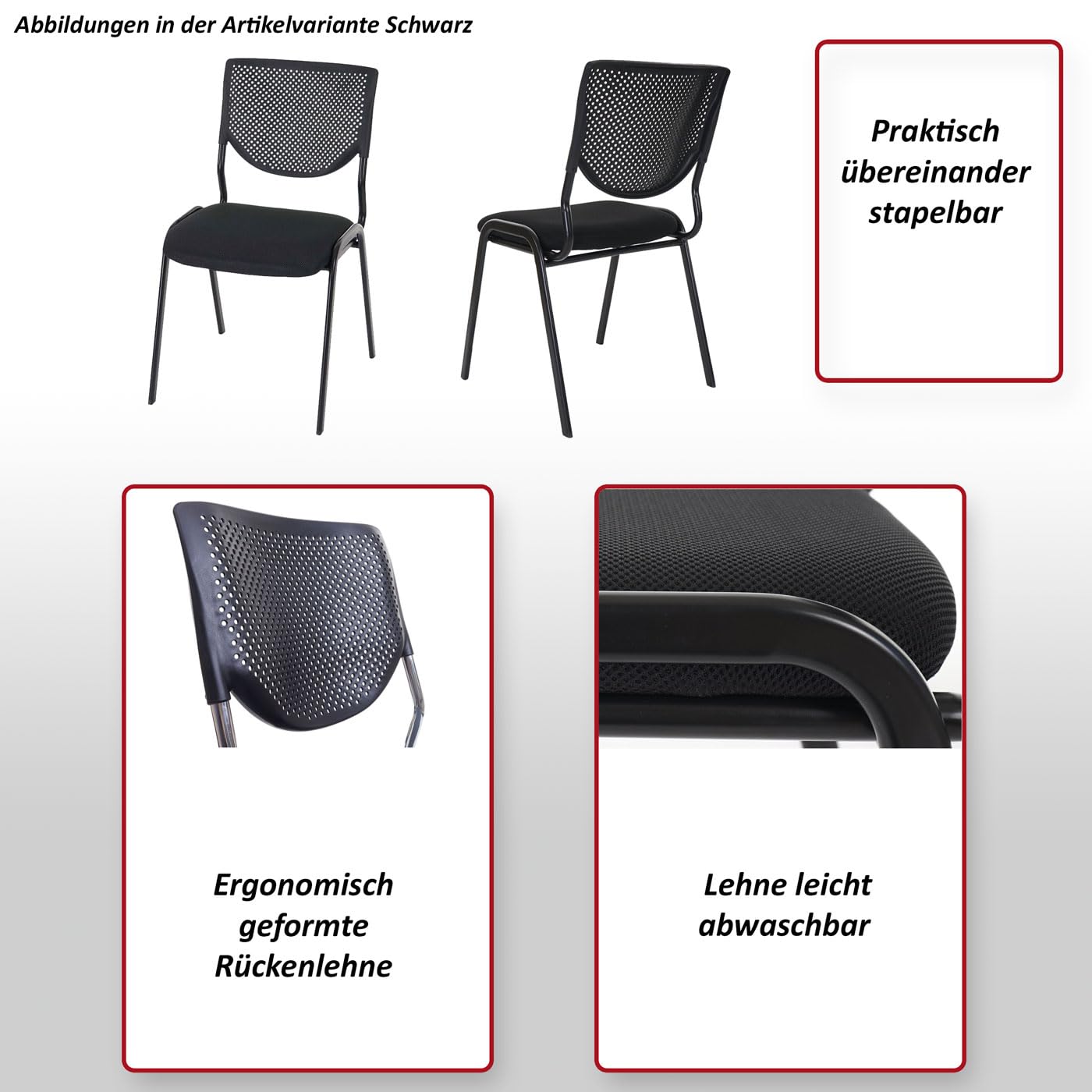 Mendler 4er-Set Besucherstuhl T401, Konferenzstuhl stapelbar, Stoff/Textil - Sitz dunkelgrau, Füße Chrom