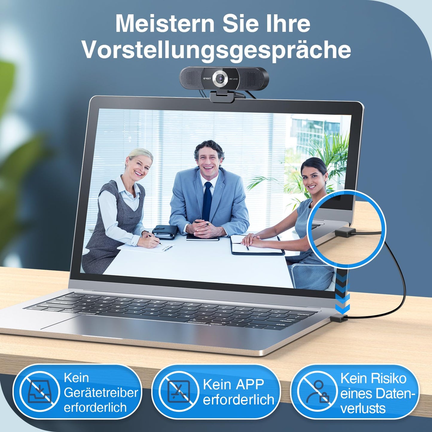 EMEET 3-in-1 4K Webcam, C980 PRO 4K Webcam mit 4 Geräuschunterdrückenden Mikrofonen und 2 Lautsprecher, 60°-98° Weitwinkel, Festem Fokus, Sichtschutz, Webcam Ideal für Gruppen- und Einzelvideoanrufe
