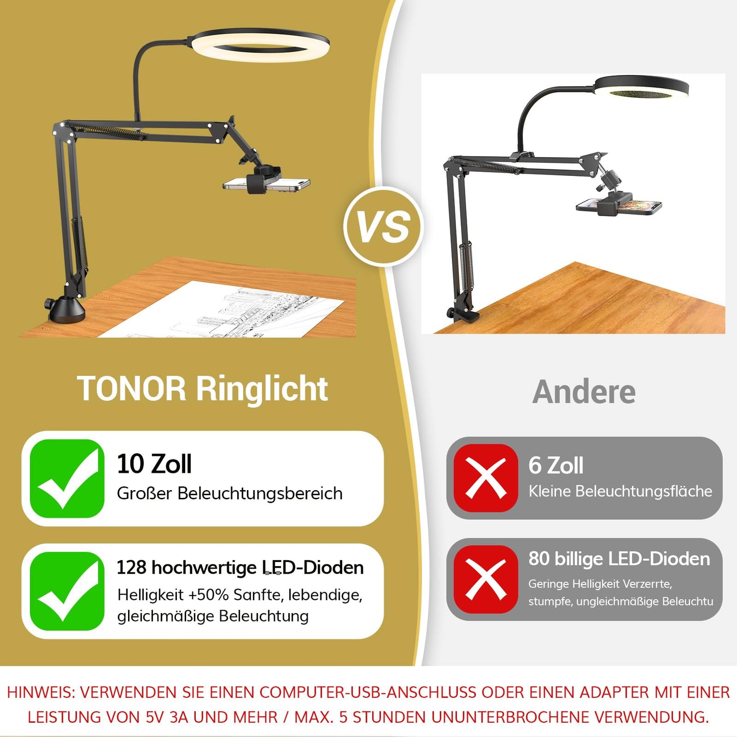 TONOR Overhead-Ringlicht-Kit, 10-Zoll-Ringlicht mit robustem Auslegerarm und Telefonhalter, Einstellbarer Winkel, geeignet für Videoaufzeichnung, Live-Stream, Zeichnen, Make-up-Nägel