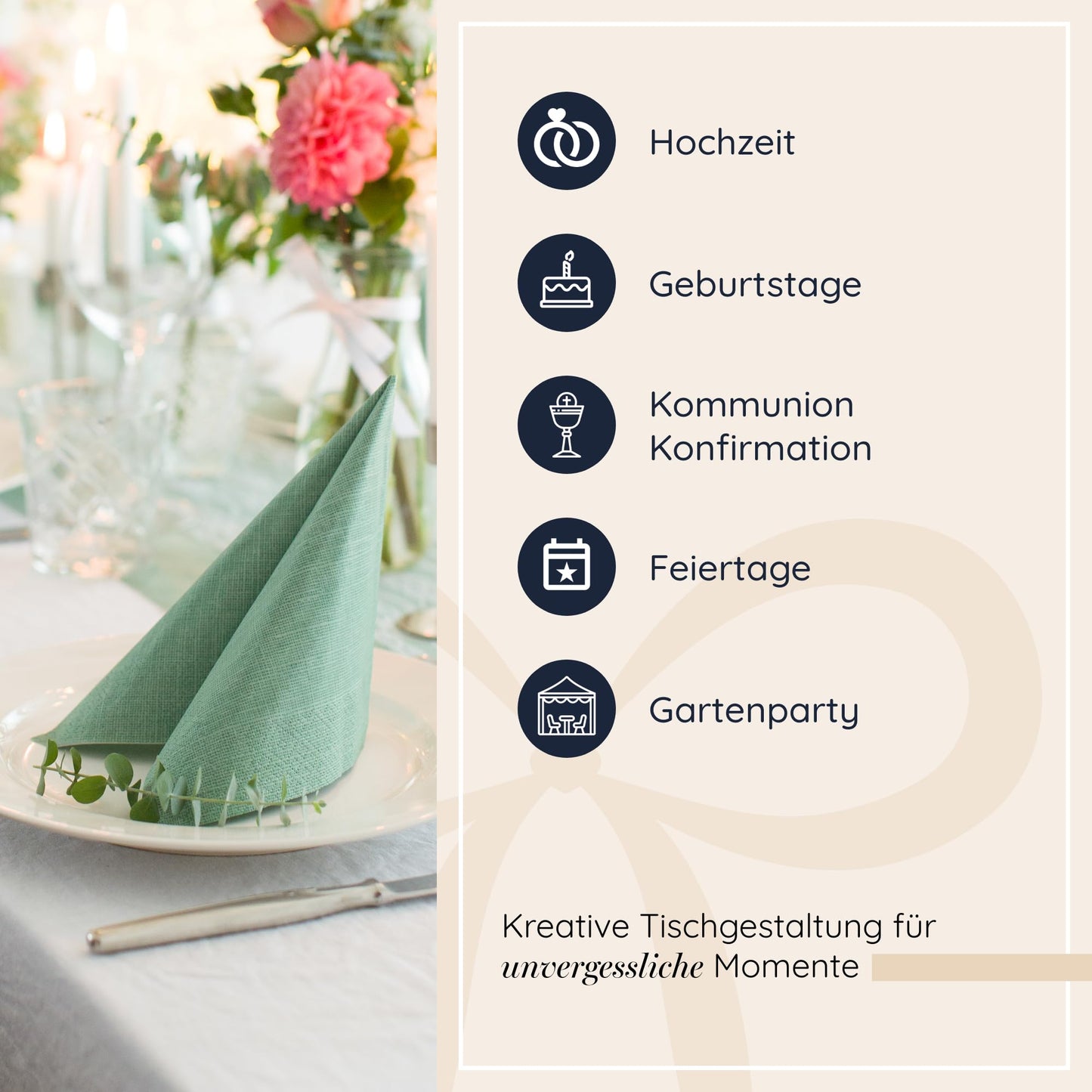 100% Mosel Servietten, 60 Stück (33 x 33 cm), in Eukalyptus Grün, edle Tischdeko für Hochzeit, Kommunion, Konfirmation, Taufe & Geburtstag