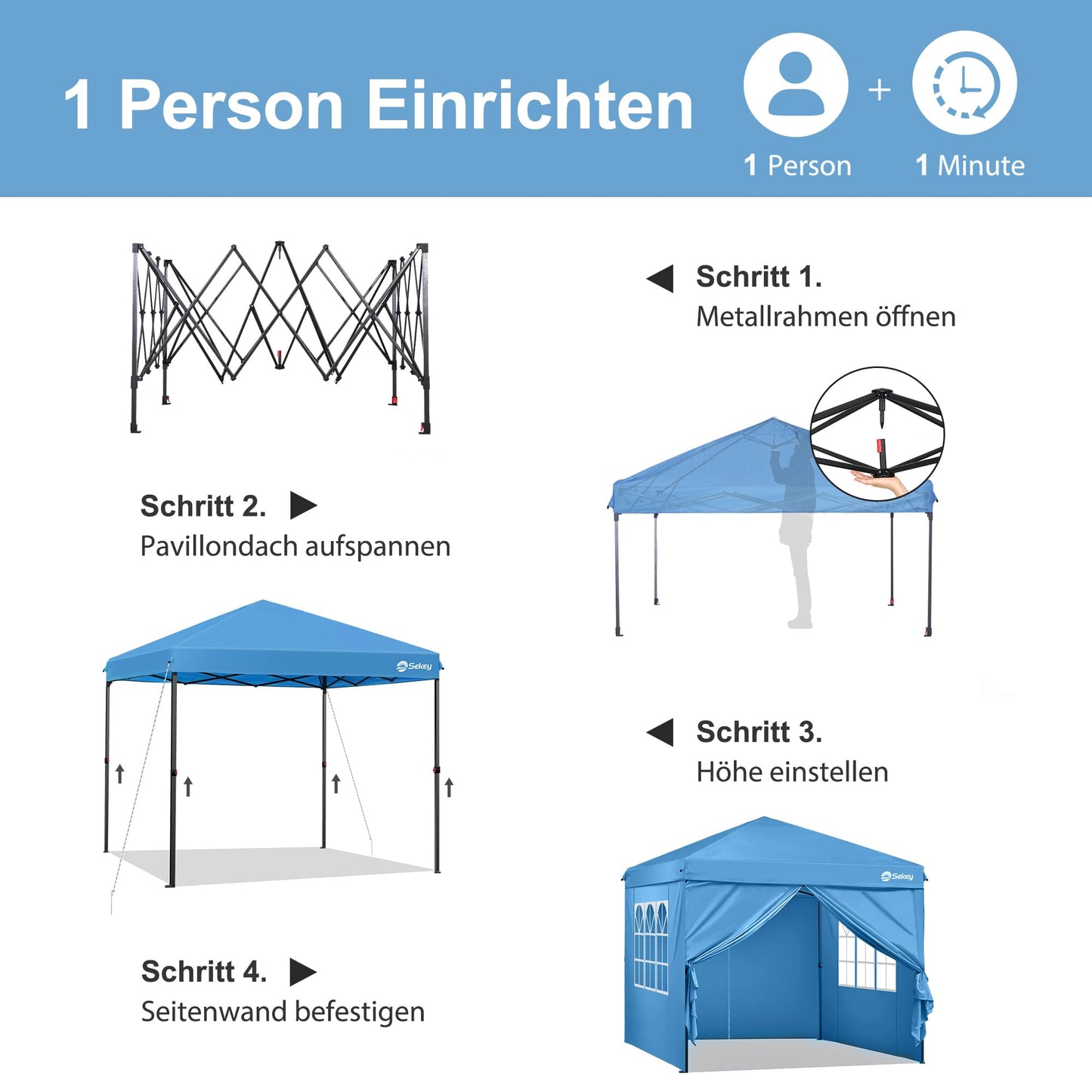 Sekey Pavillon 3x3 mit 4 Seitenteile, Faltpavillon Wasserdicht Stabil Winterfest, Pop Up Pavillon Faltbar für Camping, Festival, Events, Picknicks, Partyzelt Gartenzelt mit 4 Sandsäcke, Blau