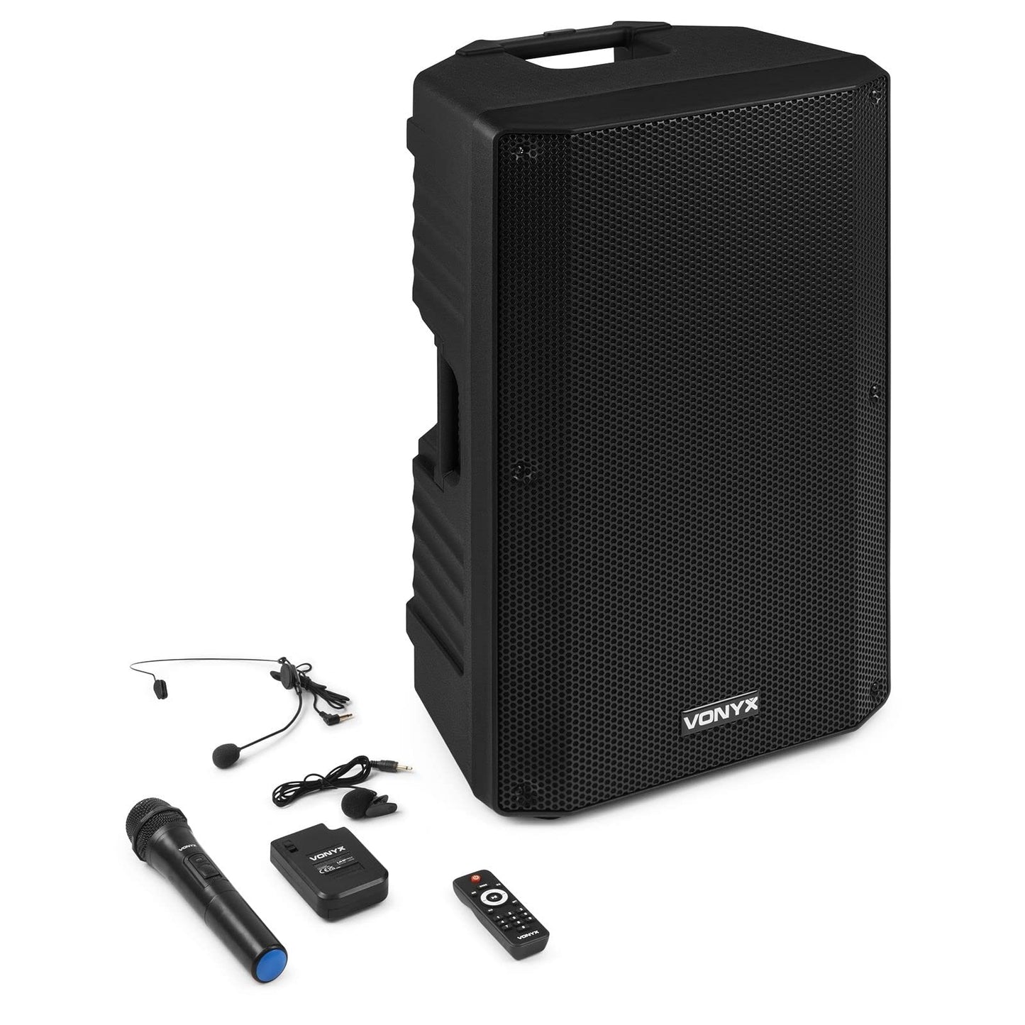 Vonyx VSA700-BP Partybox Bluetooth Lautsprecher Groß 1000W, 8 Std Akku, Mobile PA Anlage Komplettset mit 2 Kabellose Mikrofone und Fernbedienung - Mobile Musikbox Groß, USB, SD, MP3, Schwarz